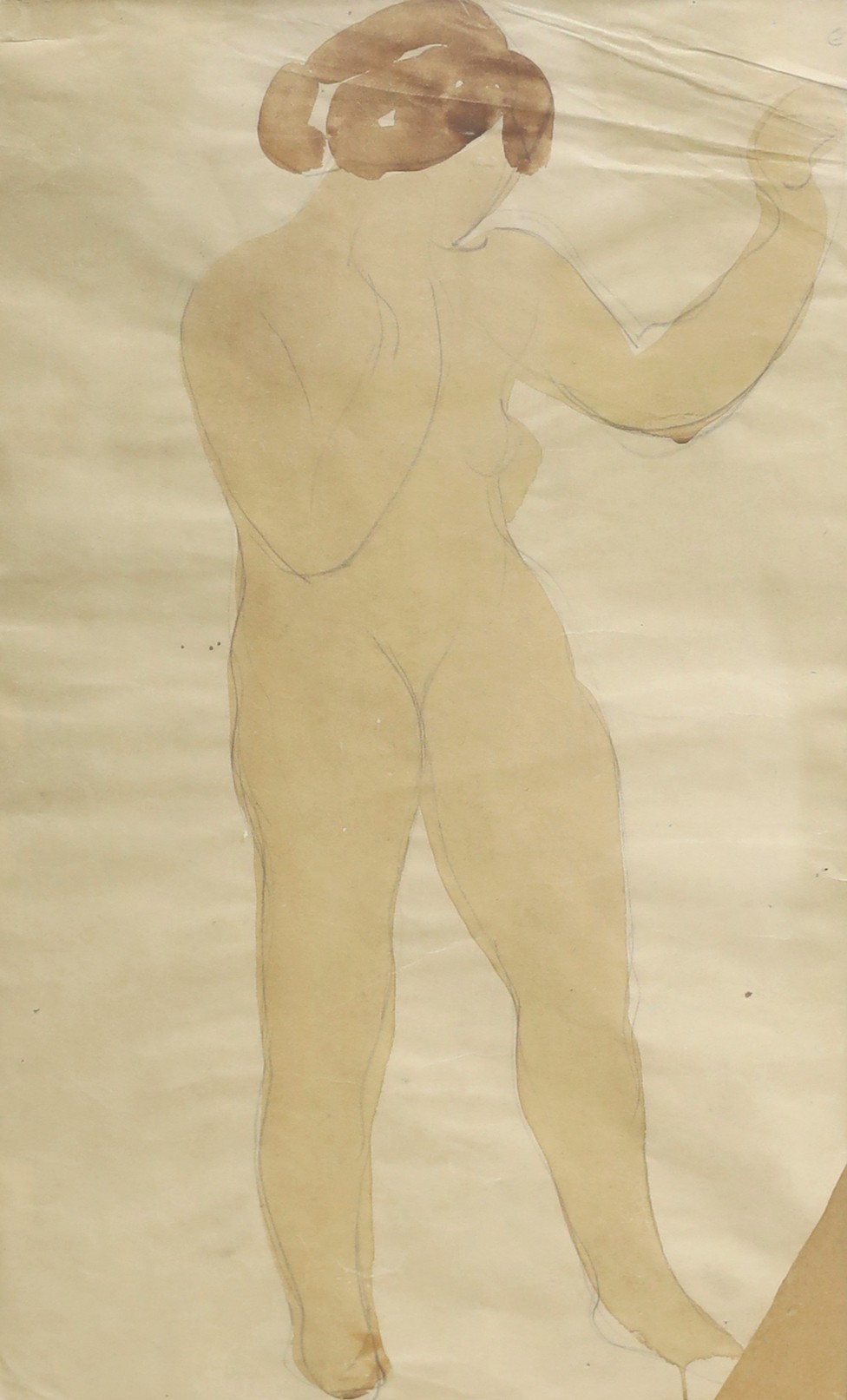 'From the Estate of Dame Elizabeth Frink', watercolour and pencil, Study of a nude, initialled E, 42 x 25cm